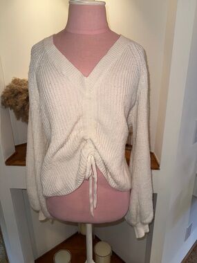 SO Cream V-Neck Drawstring Knit Sweater